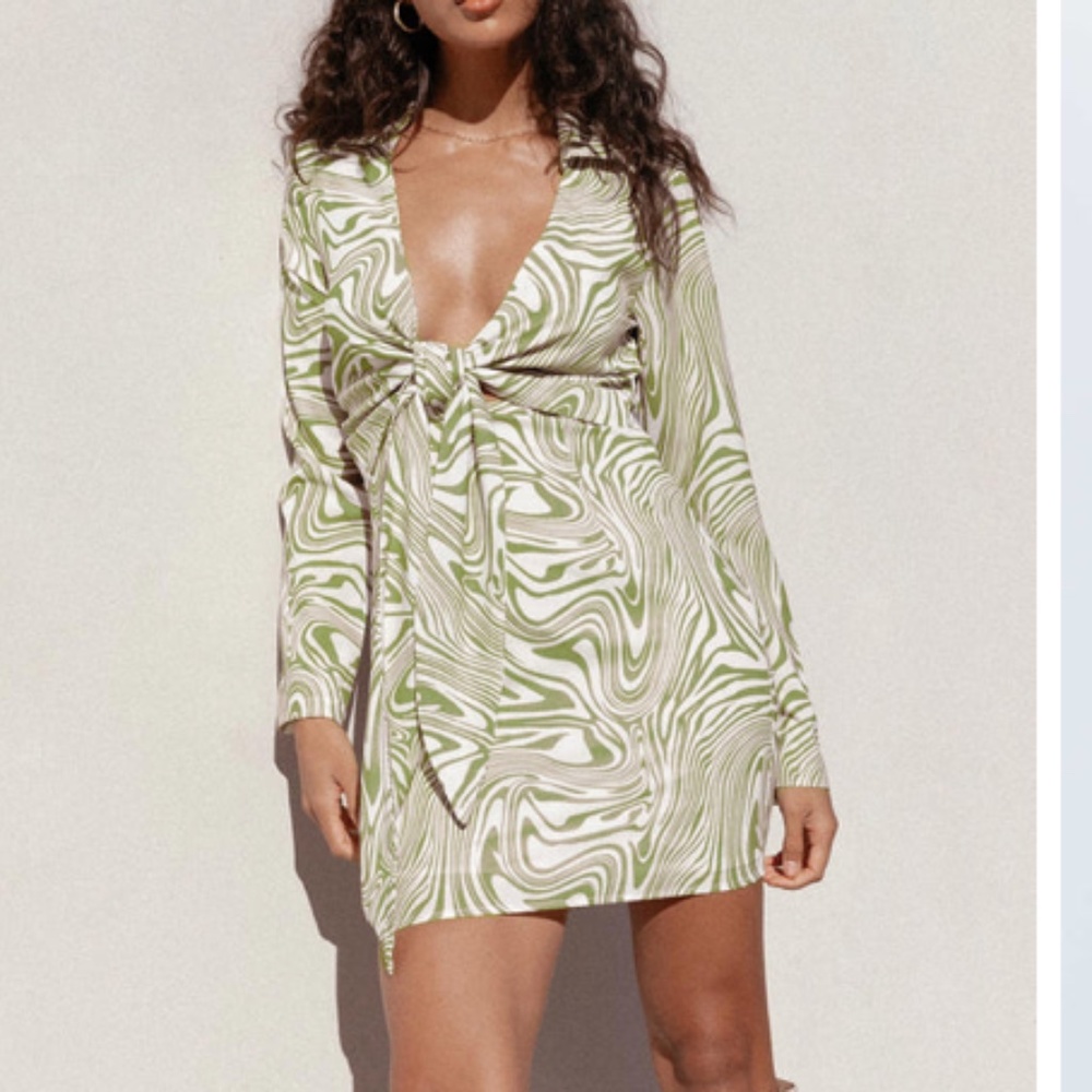 NWT Princess Polly Alexi Tie Up Shirt Dress In Green 2